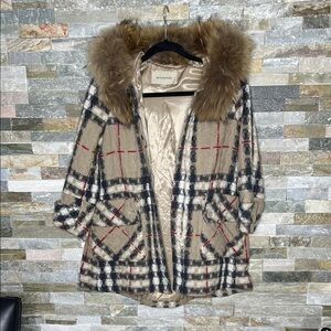 Authentic Burberry Tan Plaid Teddy Jacket with real Fur Collar